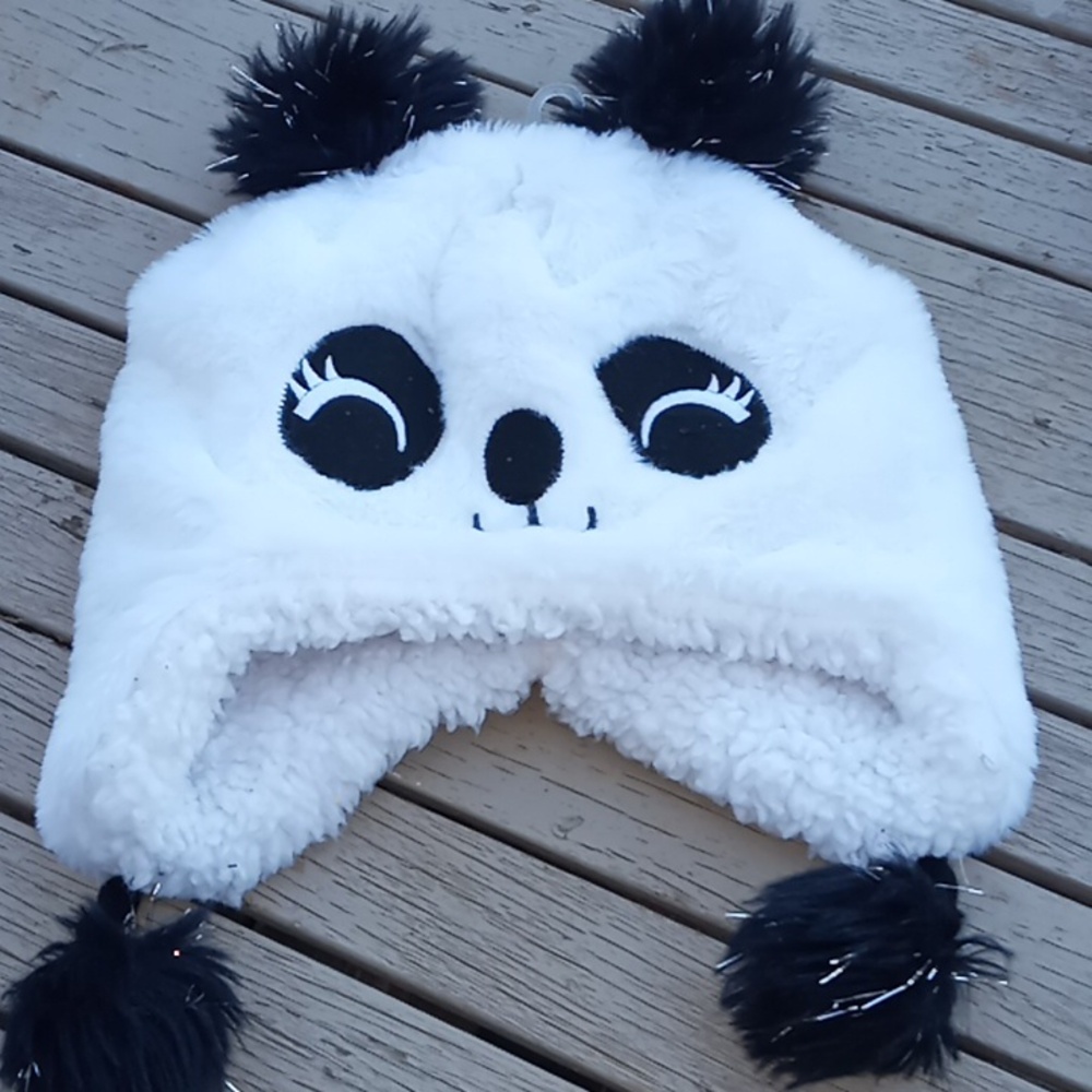 Panda bear hat with two fur tassels kids one size fits-all